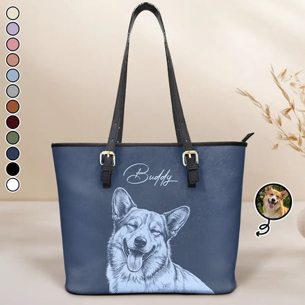 Custom Photo Pencil Sketch Besties Family Pet Funny Portrait - Personalized Leather Tote Bag