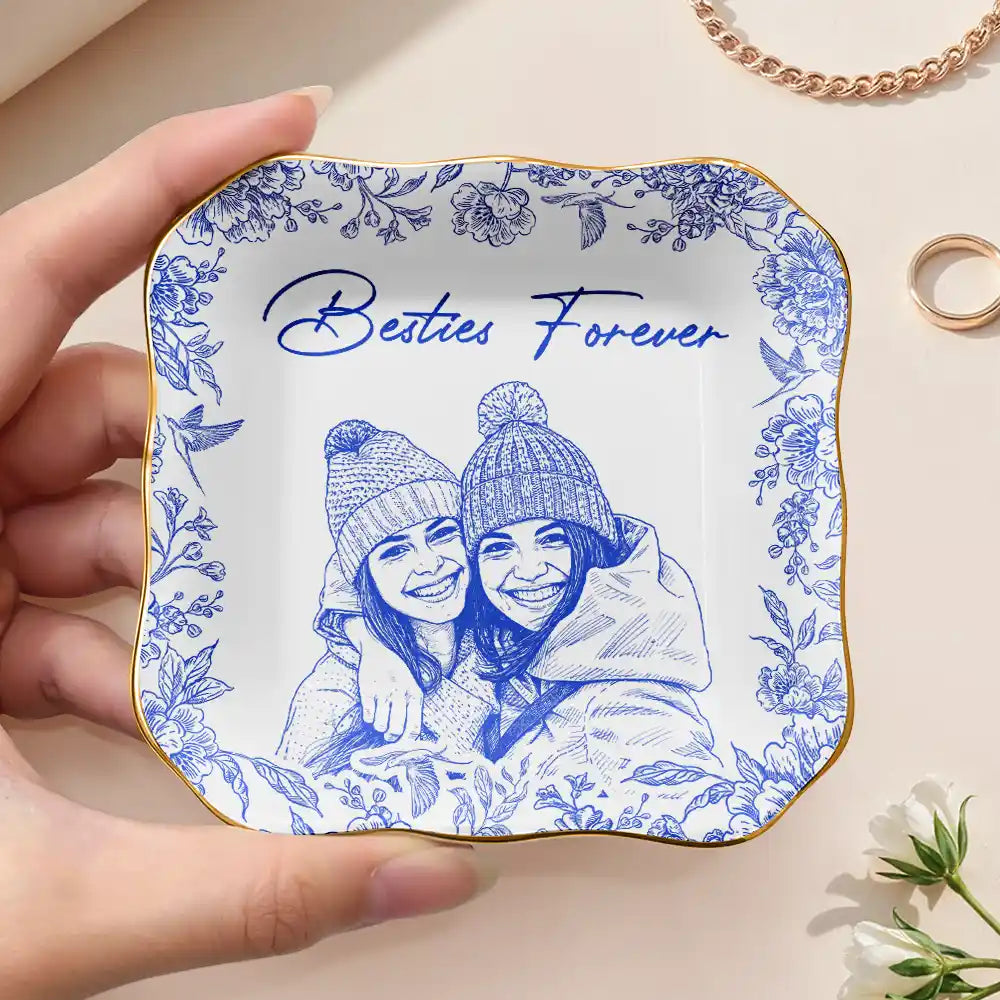 Gift For Bestie,Gift For Women,Gift For Sisters,Happy - Custom Photo Pencil Sketch Besties Forever - Personalized Ring Dish