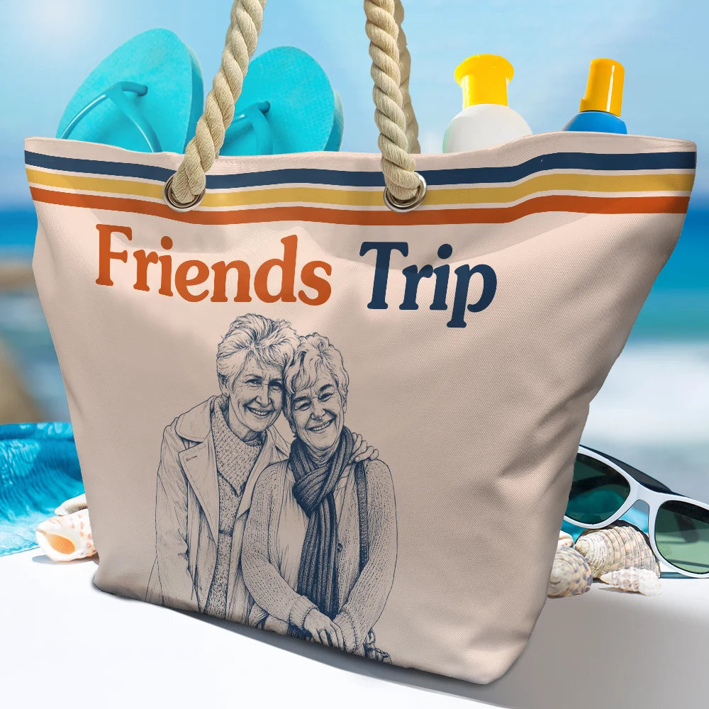 Custom Photo,Beach,Art Design,Summer,Gift For Bestie,Playful,Photo - Pencil Sketch - Remove BG - Custom Photo Pencil Sketch Besties Trip Retro - Personalized Beach Bag