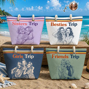 Custom Photo,Beach,Art Design,Summer,Gift For Bestie,Playful,Photo - Pencil Sketch - Remove BG - Custom Photo Pencil Sketch Besties Trip Retro - Personalized Beach Bag