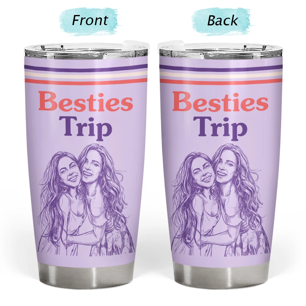 Custom Photo, Art Design, Summer, Gift For Bestie, Playful, Photo - Pencil Sketch - Remove BG - Custom Photo Pencil Sketch Besties Trip Retro - Personalized Tumbler
