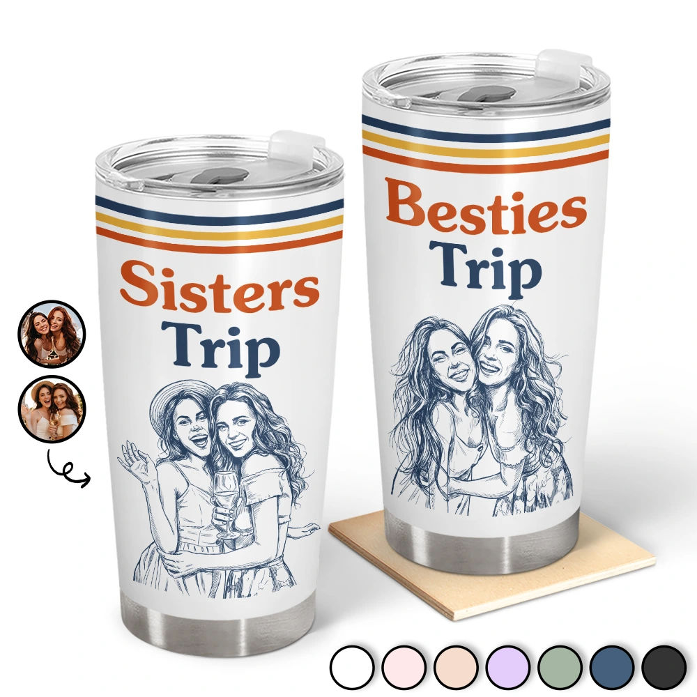 Custom Photo, Art Design, Summer, Gift For Bestie, Playful, Photo - Pencil Sketch - Remove BG - Custom Photo Pencil Sketch Besties Trip Retro - Personalized Tumbler