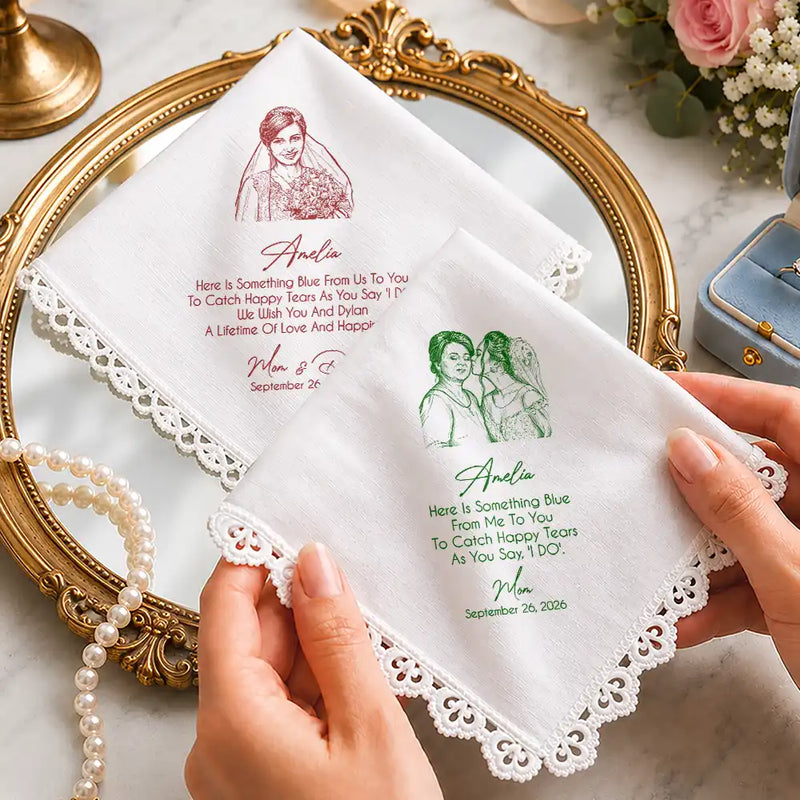 Art Design, Sentimental, Gift For Children, Gift For Daughter, Wedding, Photo - Pencil Sketch - Bold, Custom Text - Custom Photo Pencil Sketch Blue Wedding For Bride, Daughter - Personalized Handkerchief