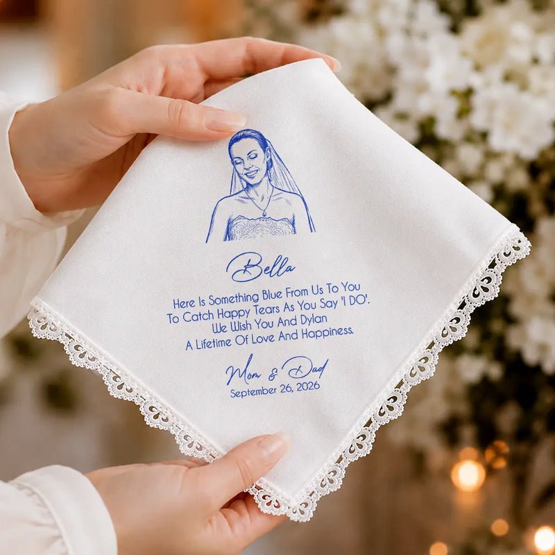 Art Design, Sentimental, Gift For Children, Gift For Daughter, Wedding, Photo - Pencil Sketch - Bold, Custom Text - Custom Photo Pencil Sketch Blue Wedding For Bride, Daughter - Personalized Handkerchief