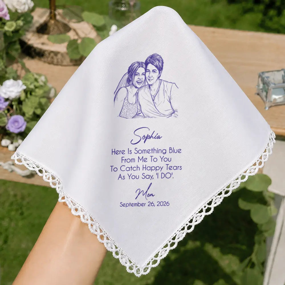 Art Design, Sentimental, Gift For Children, Gift For Daughter, Wedding, Photo - Pencil Sketch - Bold, Custom Text - Custom Photo Pencil Sketch Blue Wedding For Bride, Daughter - Personalized Handkerchief