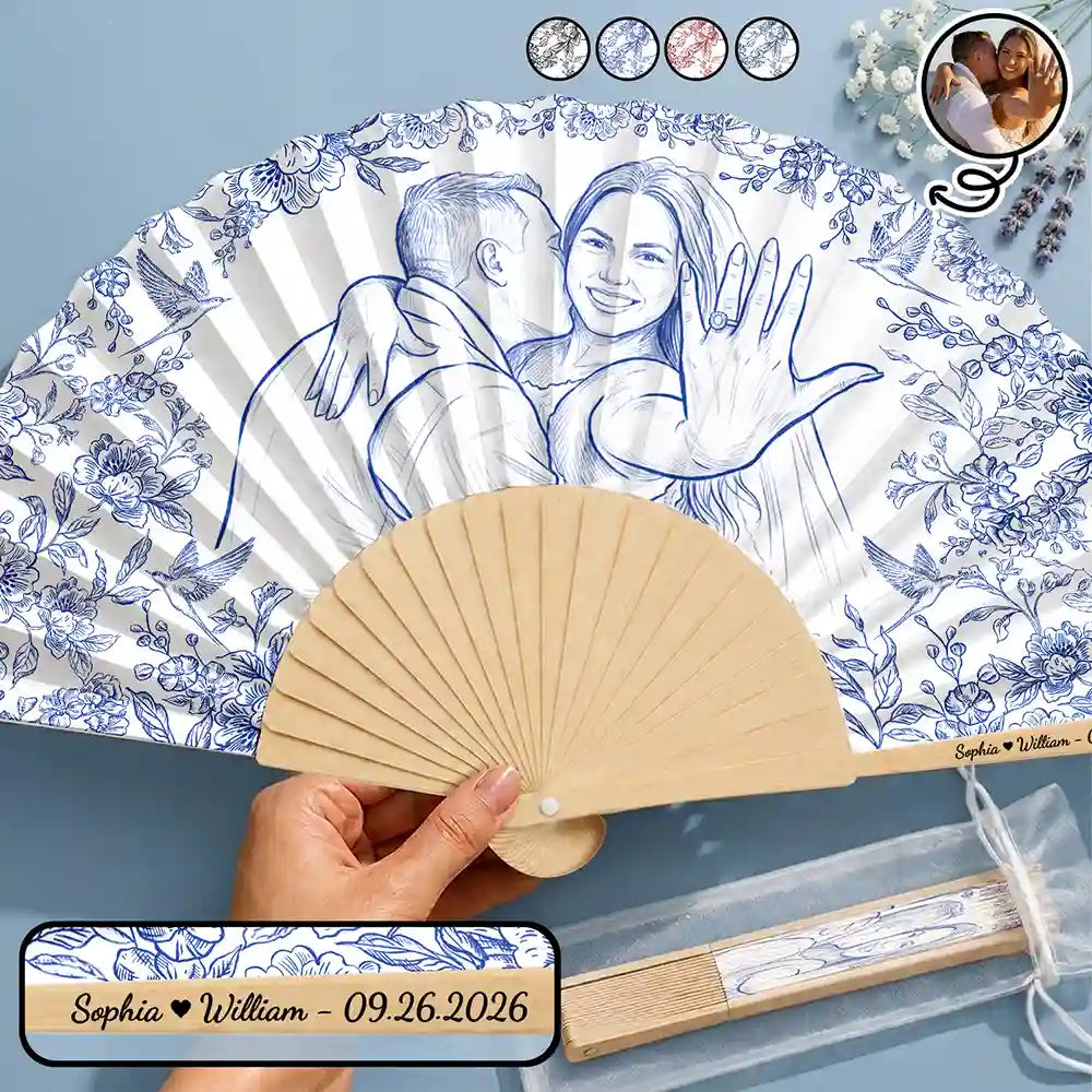 Art Design,Romantic,Gift For Couples,Wedding,Photo - Pencil Sketch - Bold,Custom Text - Custom Photo Pencil Sketch Bride Groom Wedding Toile - Personalized Hand Folding Fans