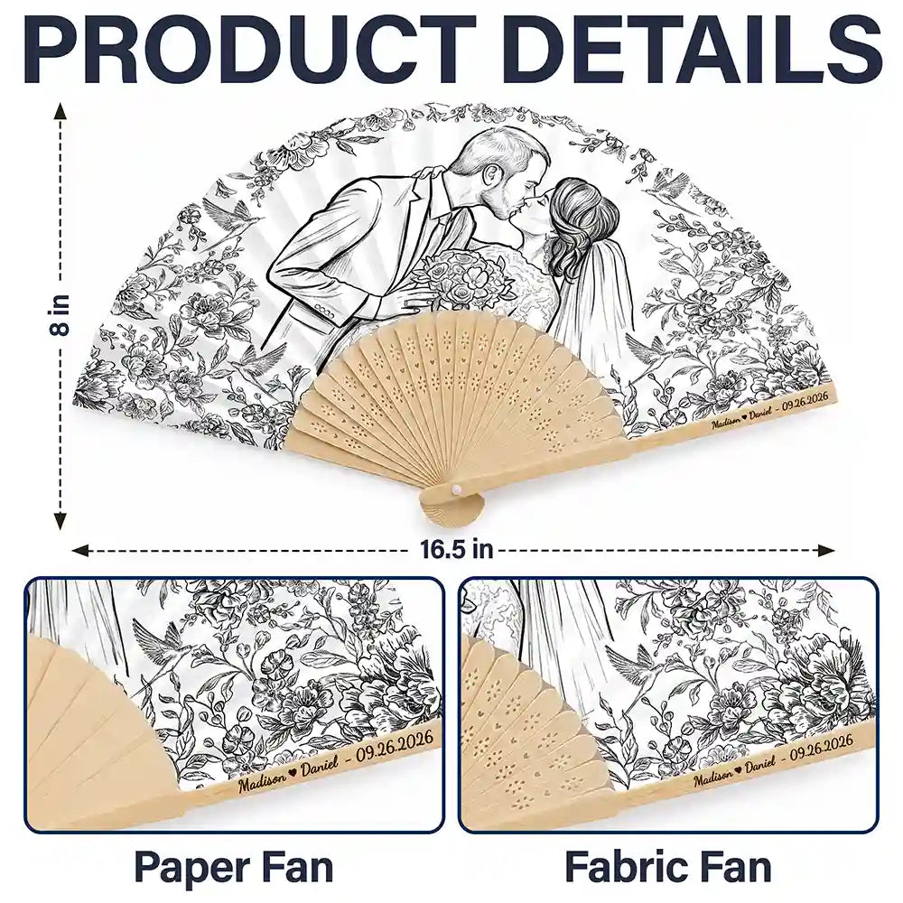 Art Design,Romantic,Gift For Couples,Wedding,Photo - Pencil Sketch - Bold,Custom Text - Custom Photo Pencil Sketch Bride Groom Wedding Toile - Personalized Hand Folding Fans