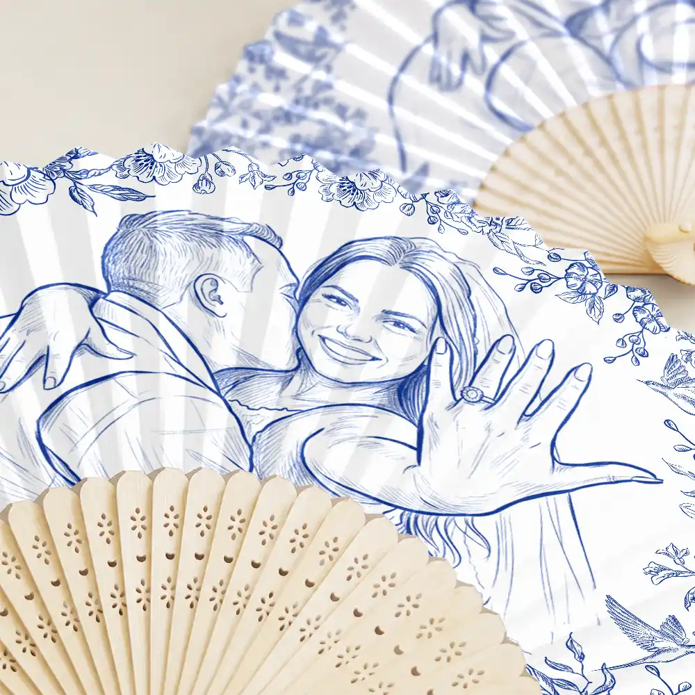 Art Design,Romantic,Gift For Couples,Wedding,Photo - Pencil Sketch - Bold,Custom Text - Custom Photo Pencil Sketch Bride Groom Wedding Toile - Personalized Hand Folding Fans