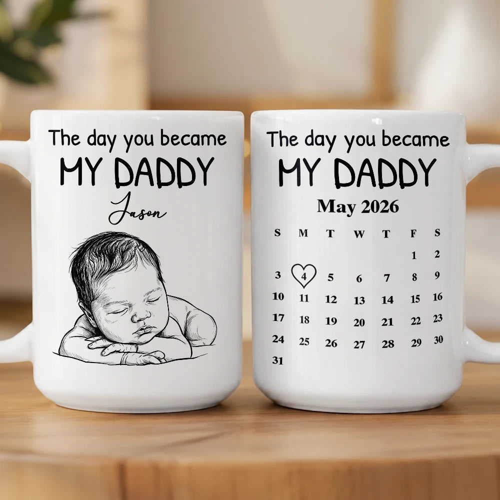 Custom Photo,New Dad,New Mom,New baby,Gift For Father,Non-Eng,Photo - Pencil Sketch,Calendar,Adorable - Custom Photo Pencil Sketch Calendar The Day You Became My Mom Dad - Personalized Mug