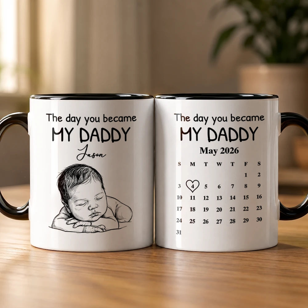 Custom Photo,New Dad,New Mom,New baby,Gift For Father,Non-Eng,Photo - Pencil Sketch,Calendar,Adorable - Custom Photo Pencil Sketch Calendar The Day You Became My Mom Dad - Personalized Mug