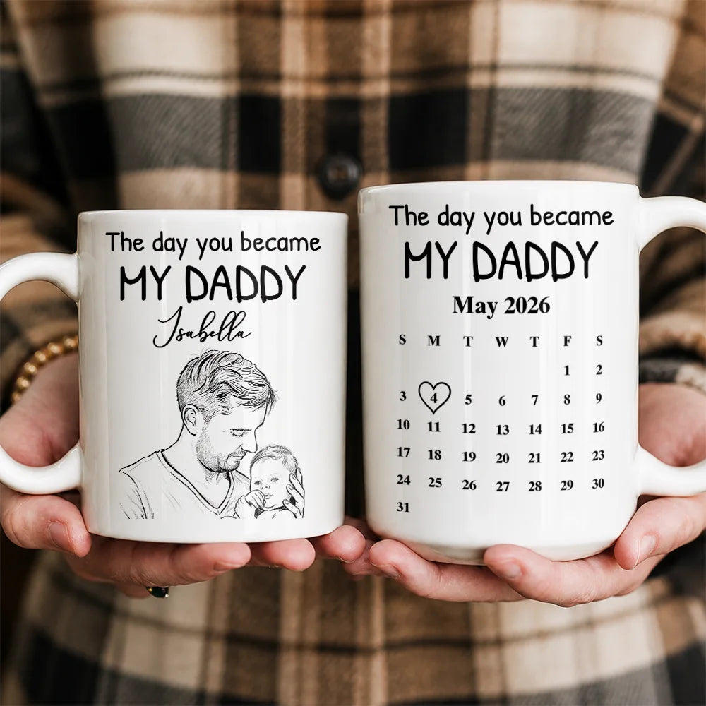 Custom Photo,New Dad,New Mom,New baby,Gift For Father,Non-Eng,Photo - Pencil Sketch,Calendar,Adorable - Custom Photo Pencil Sketch Calendar The Day You Became My Mom Dad - Personalized Mug