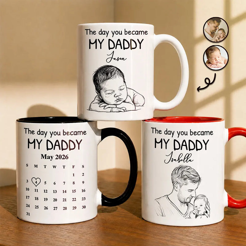 Custom Photo,New Dad,New Mom,New baby,Gift For Father,Non-Eng,Photo - Pencil Sketch,Calendar,Adorable - Custom Photo Pencil Sketch Calendar The Day You Became My Mom Dad - Personalized Mug