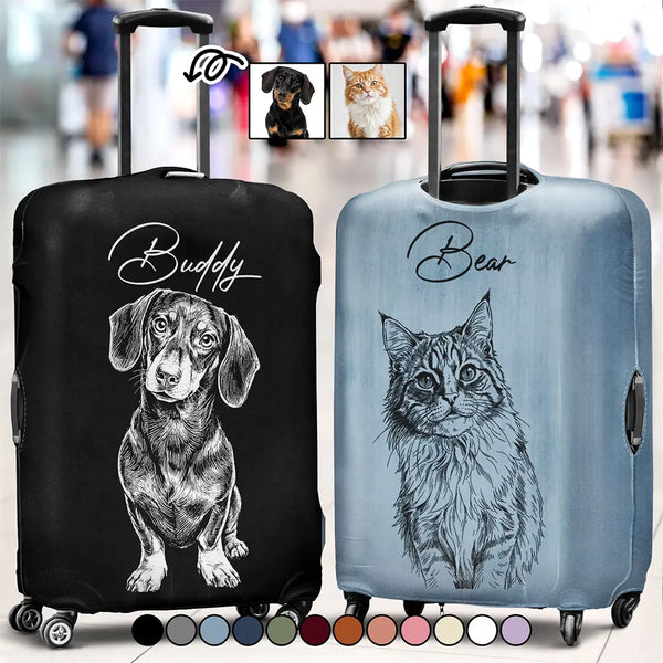 Custom Photo, Beach, Art Design, Summer, Pet Lovers, Playful, Photo - Pencil Sketch - Remove BG - Custom Photo Pencil Sketch Couple Besties Family Pet Funny Portrait - Personalized Luggage Cover