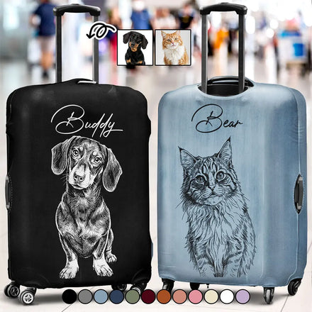 Custom Photo Pencil Sketch Couple Besties Family Pet Funny Portrait - Personalized Luggage Cover