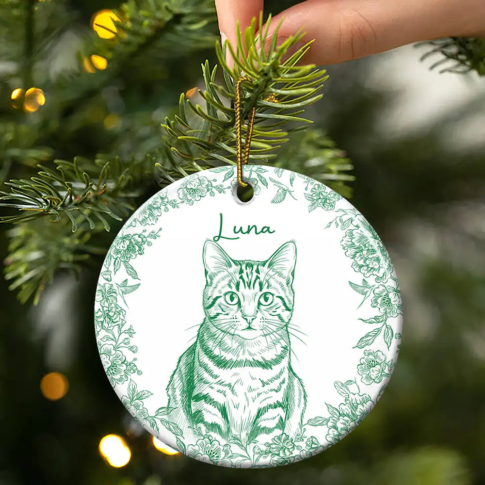 Art Design,Christmas,Pet Lovers,Photo - Pencil Sketch - Remove BG,Happy - Custom Photo Pencil Sketch Cute Dog Cat Portrait - Personalized Circle Ceramic Ornament