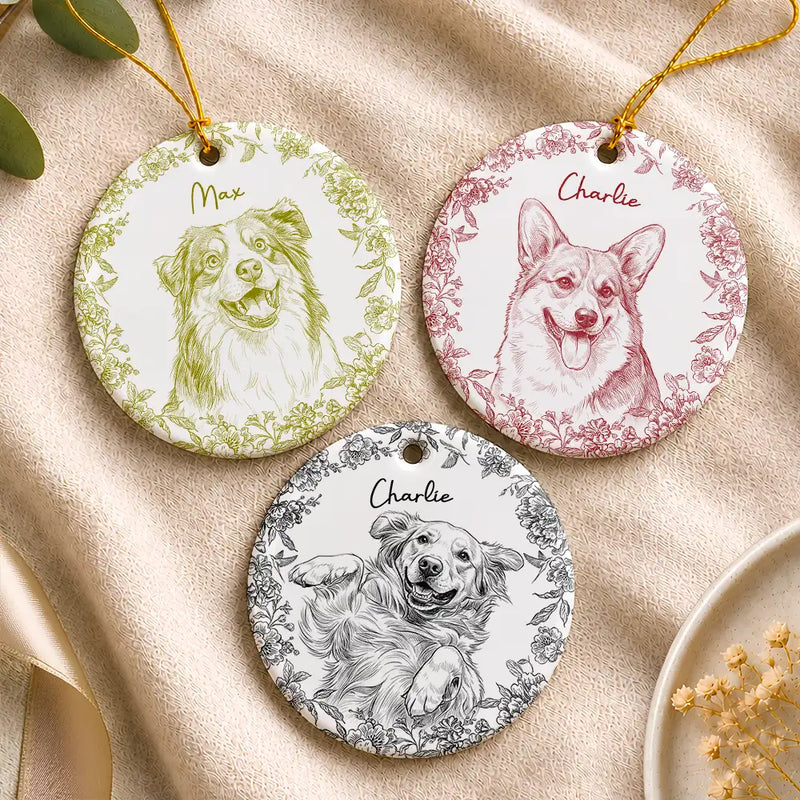 Art Design,Christmas,Pet Lovers,Photo - Pencil Sketch - Remove BG,Happy - Custom Photo Pencil Sketch Cute Dog Cat Portrait - Personalized Circle Ceramic Ornament