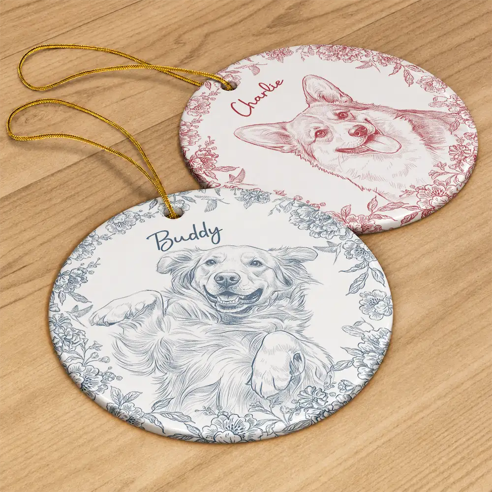 Art Design,Christmas,Pet Lovers,Photo - Pencil Sketch - Remove BG,Happy - Custom Photo Pencil Sketch Cute Dog Cat Portrait - Personalized Circle Ceramic Ornament