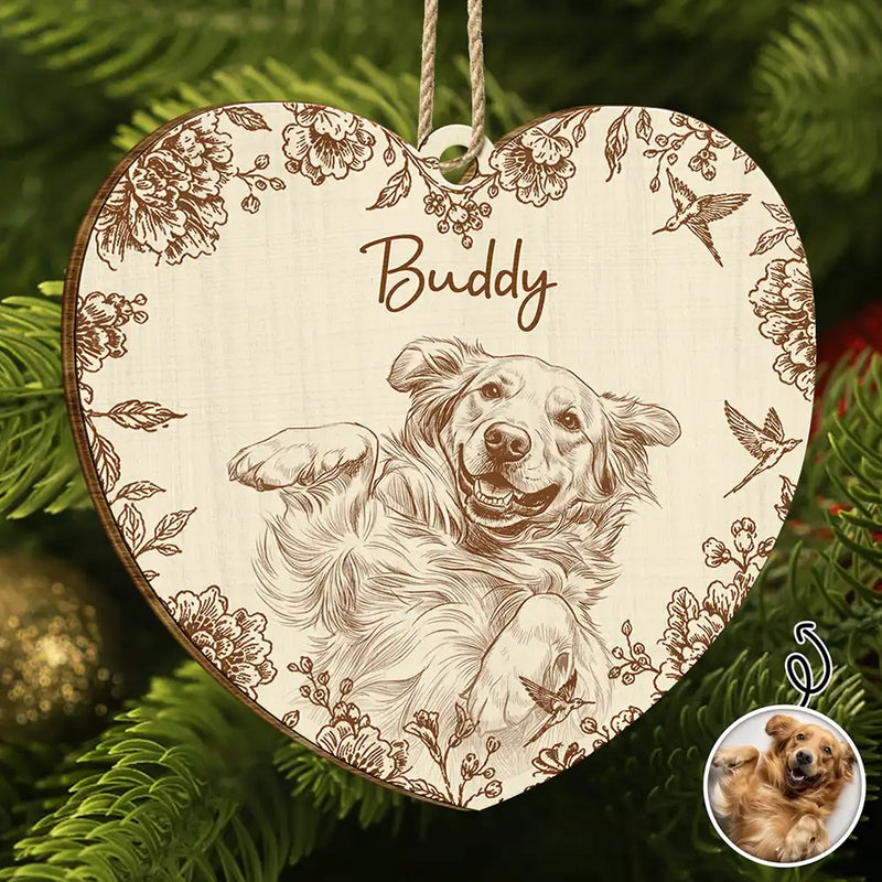 Art Design,Christmas,Pet Lovers,Photo - Pencil Sketch - Remove BG,Happy - Custom Photo Pencil Sketch Cute Dog Cat Portrait - Personalized Custom Shaped Wooden Ornament