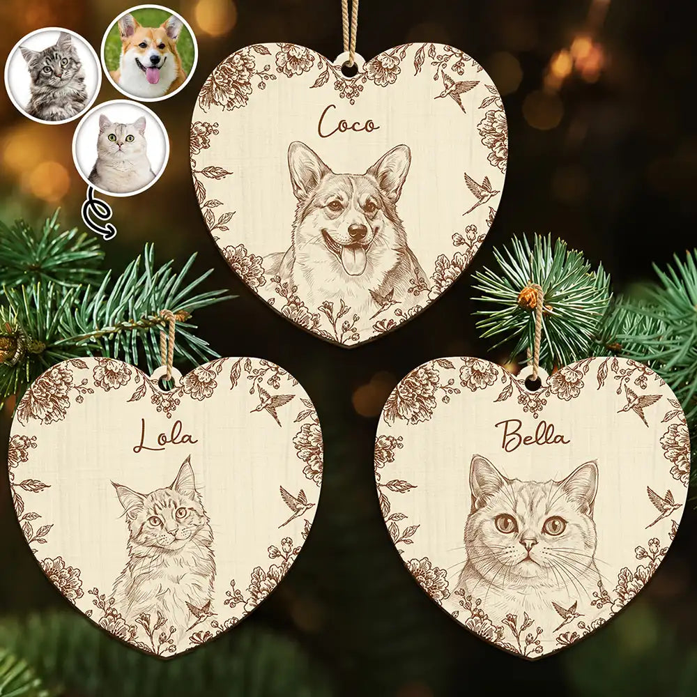 Art Design,Christmas,Pet Lovers,Photo - Pencil Sketch - Remove BG,Happy - Custom Photo Pencil Sketch Cute Dog Cat Portrait - Personalized Custom Shaped Wooden Ornament