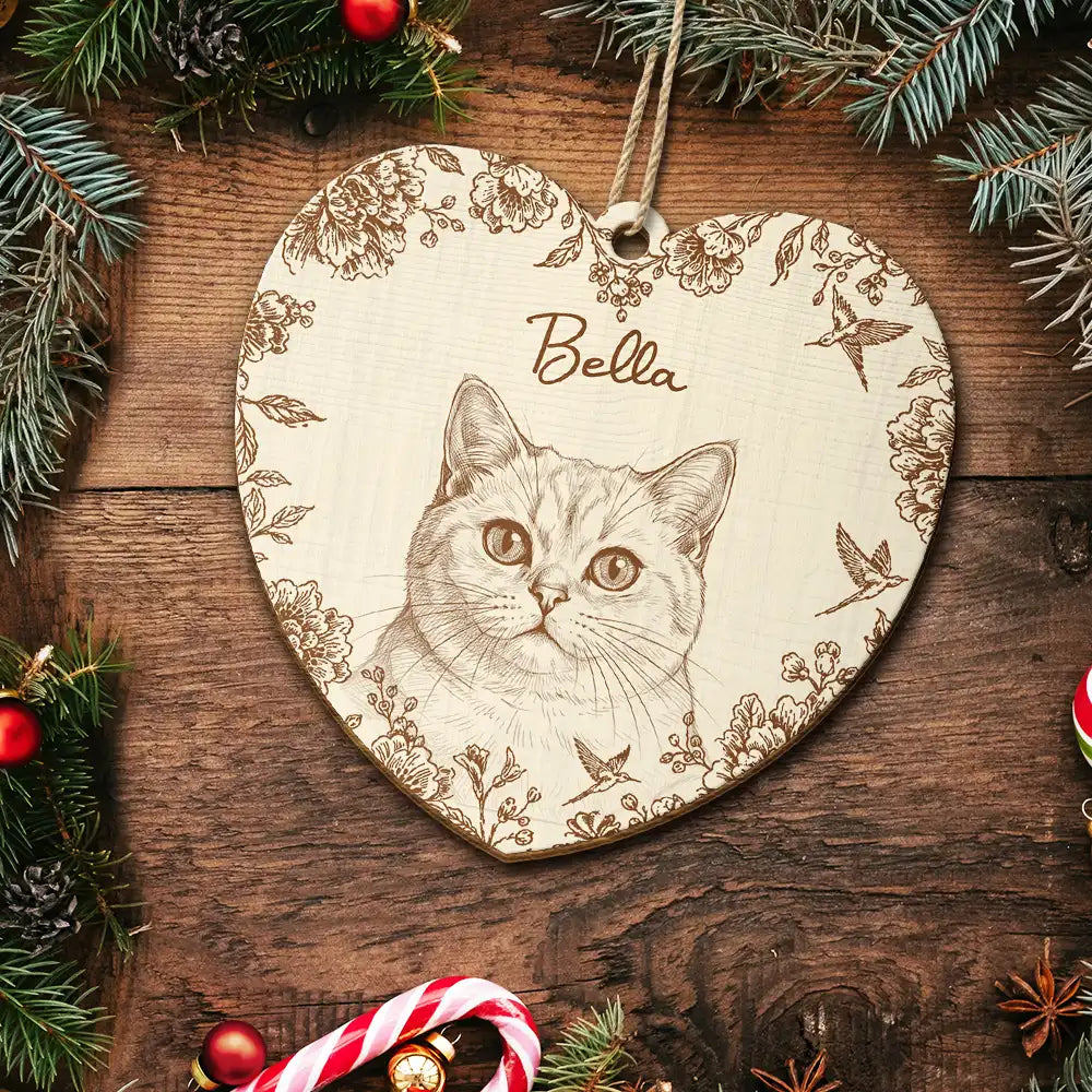 Art Design,Christmas,Pet Lovers,Photo - Pencil Sketch - Remove BG,Happy - Custom Photo Pencil Sketch Cute Dog Cat Portrait - Personalized Custom Shaped Wooden Ornament
