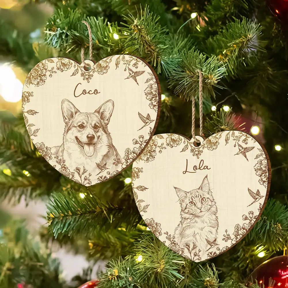 Art Design,Christmas,Pet Lovers,Photo - Pencil Sketch - Remove BG,Happy - Custom Photo Pencil Sketch Cute Dog Cat Portrait - Personalized Custom Shaped Wooden Ornament
