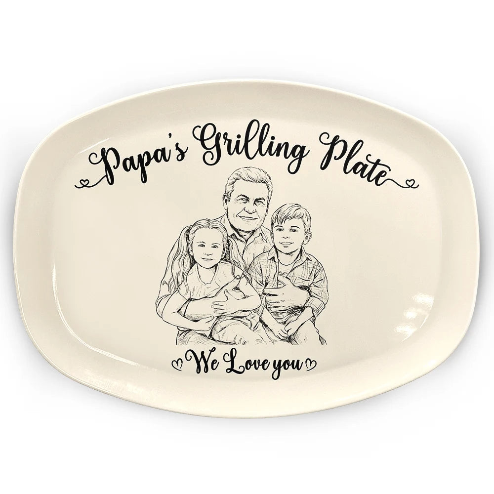 Gift For Father,Custom Photo,Grilling,Art Design,Proud,Photo - Pencil Sketch - Remove BG - Custom Photo Pencil Sketch Dad's Grilling Plate - Personalized Plate