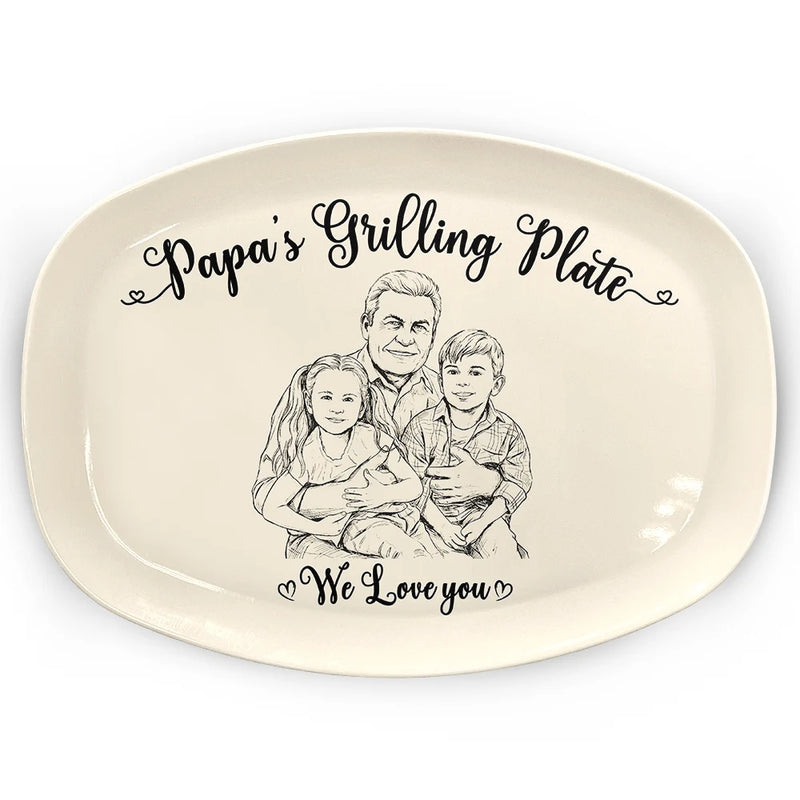 Gift For Father,Custom Photo,Grilling,Art Design,Proud,Photo - Pencil Sketch - Remove BG - Custom Photo Pencil Sketch Dad's Grilling Plate - Personalized Plate