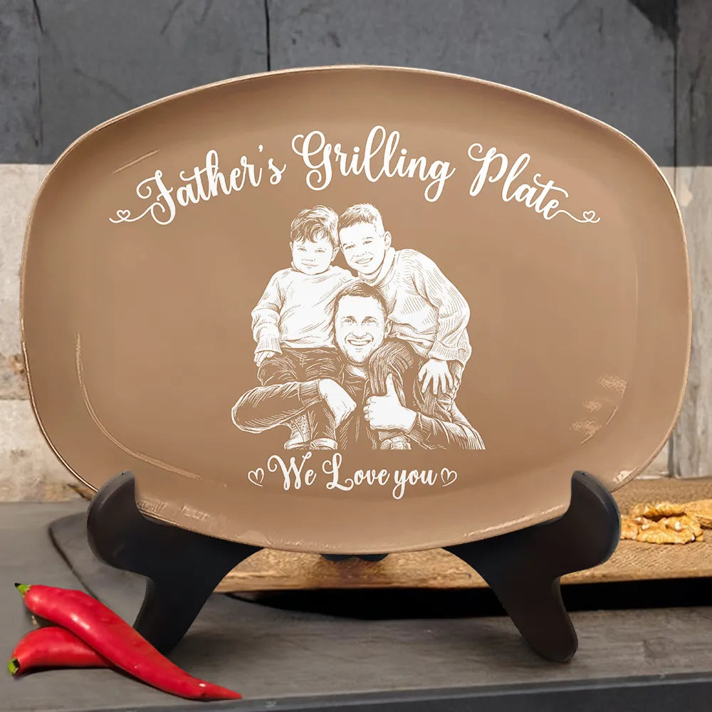 Gift For Father,Custom Photo,Grilling,Art Design,Proud,Photo - Pencil Sketch - Remove BG - Custom Photo Pencil Sketch Dad's Grilling Plate - Personalized Plate