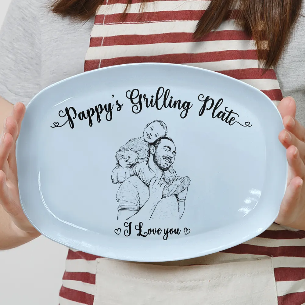 Gift For Father,Custom Photo,Grilling,Art Design,Proud,Photo - Pencil Sketch - Remove BG - Custom Photo Pencil Sketch Dad's Grilling Plate - Personalized Plate