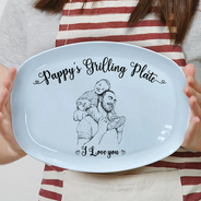 Gift For Father,Custom Photo,Grilling,Art Design,Proud,Photo - Pencil Sketch - Remove BG - Custom Photo Pencil Sketch Dad's Grilling Plate - Personalized Plate