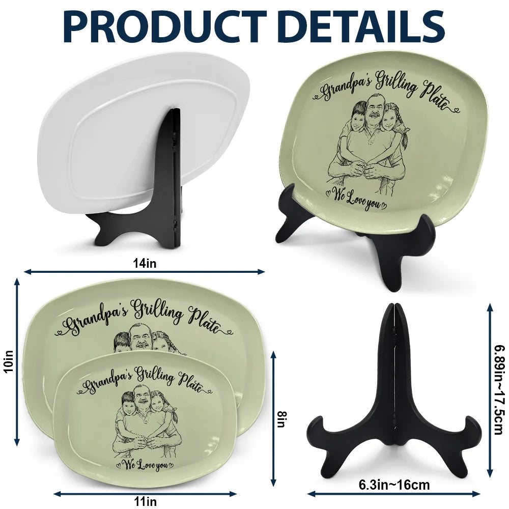 Gift For Father,Custom Photo,Grilling,Art Design,Proud,Photo - Pencil Sketch - Remove BG - Custom Photo Pencil Sketch Dad's Grilling Plate - Personalized Plate