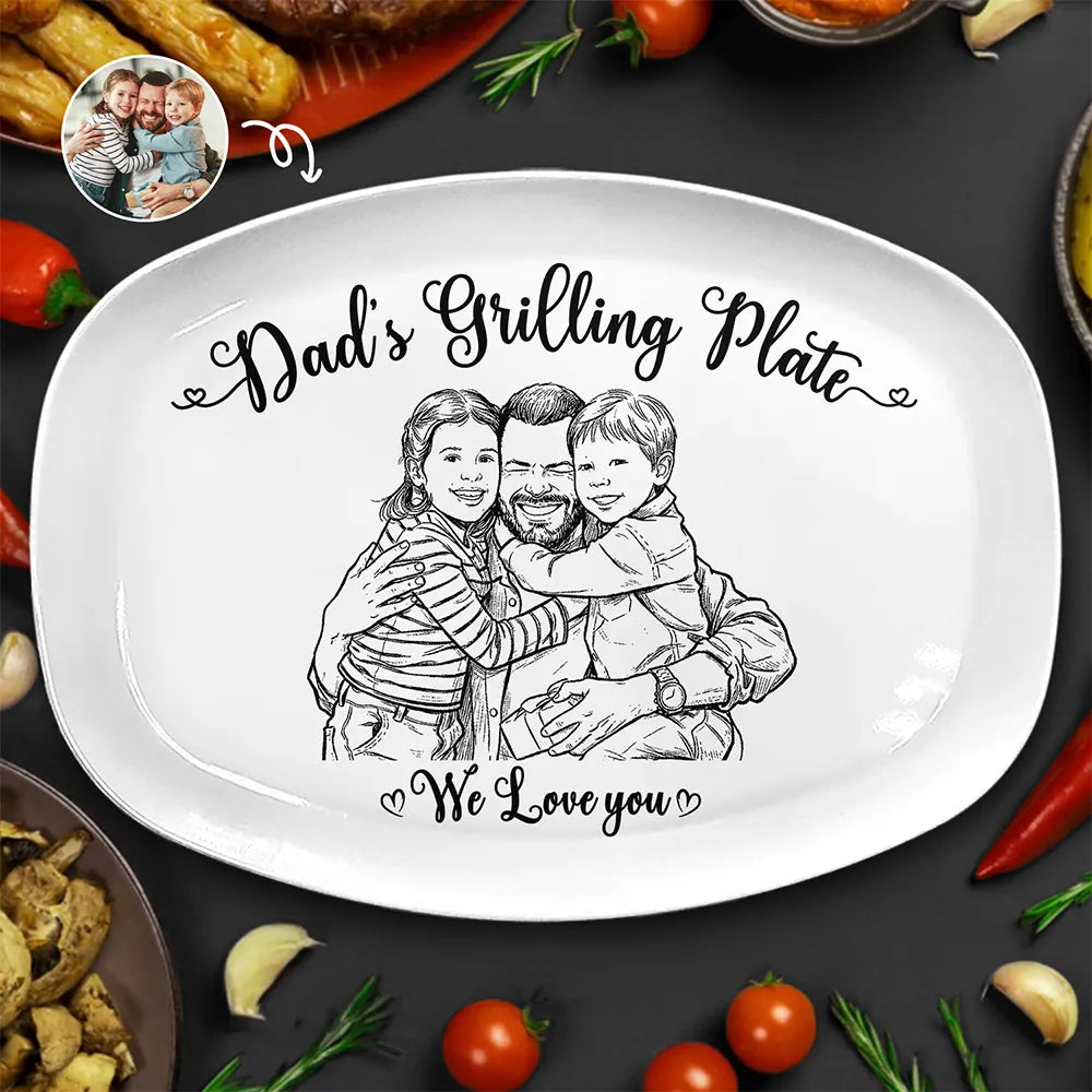 Gift For Father,Custom Photo,Grilling,Art Design,Proud,Photo - Pencil Sketch - Remove BG - Custom Photo Pencil Sketch Dad's Grilling Plate - Personalized Plate