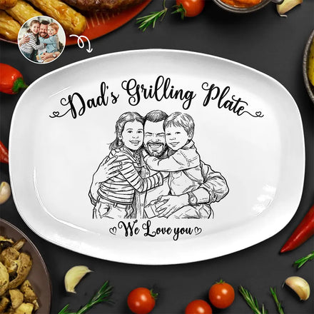 Custom Photo Pencil Sketch Dad's Grilling Plate - Personalized Plate