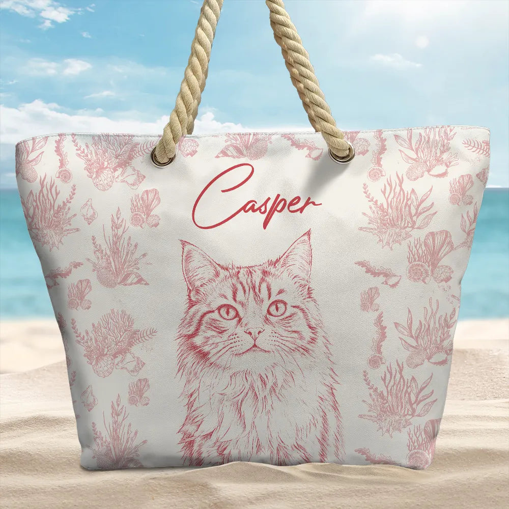 Pet Lovers,Pet Mom,Dog Lovers,Dog Mom,Cat Lovers,Cat Mom,Summer,Custom Photo,Happy - Custom Photo Pencil Sketch Dog Cat In Toile De Jouy Pattern - Personalized Beach Bag