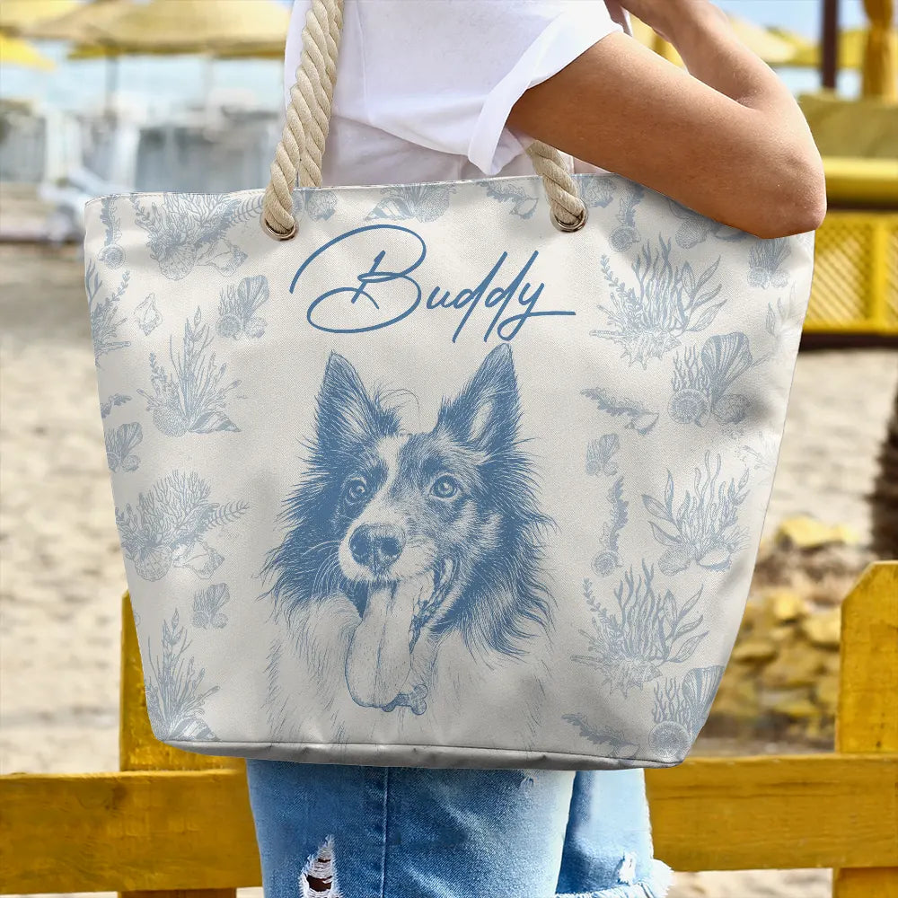 Pet Lovers,Pet Mom,Dog Lovers,Dog Mom,Cat Lovers,Cat Mom,Summer,Custom Photo,Happy - Custom Photo Pencil Sketch Dog Cat In Toile De Jouy Pattern - Personalized Beach Bag