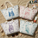 Pet Lovers,Pet Mom,Dog Lovers,Dog Mom,Cat Lovers,Cat Mom,Summer,Custom Photo,Happy - Custom Photo Pencil Sketch Dog Cat In Toile De Jouy Pattern - Personalized Beach Bag