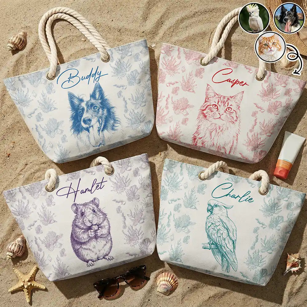 Pet Lovers,Pet Mom,Dog Lovers,Dog Mom,Cat Lovers,Cat Mom,Summer,Custom Photo,Happy - Custom Photo Pencil Sketch Dog Cat In Toile De Jouy Pattern - Personalized Beach Bag