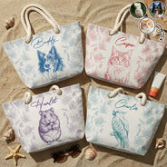 Pet Lovers,Pet Mom,Dog Lovers,Dog Mom,Cat Lovers,Cat Mom,Summer,Custom Photo,Happy - Custom Photo Pencil Sketch Dog Cat In Toile De Jouy Pattern - Personalized Beach Bag
