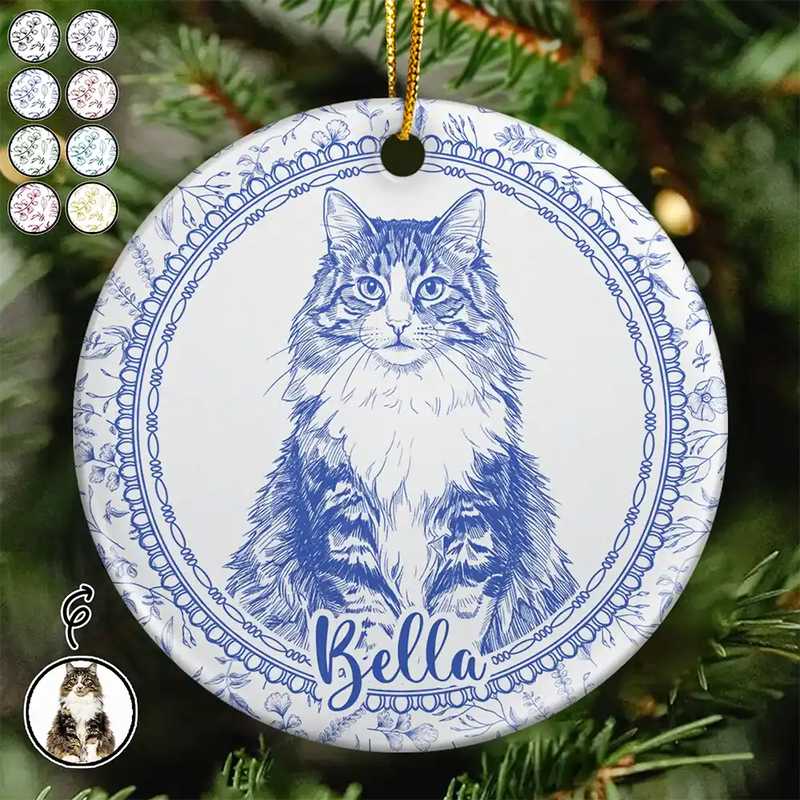 Art Design,Christmas,Cozy,Pet Lovers,Photo - Pencil Sketch - Remove BG - Custom Photo Pencil Sketch Dog Cat Pet Portrait Toile Remembrance - Personalized Circle Ceramic Ornament
