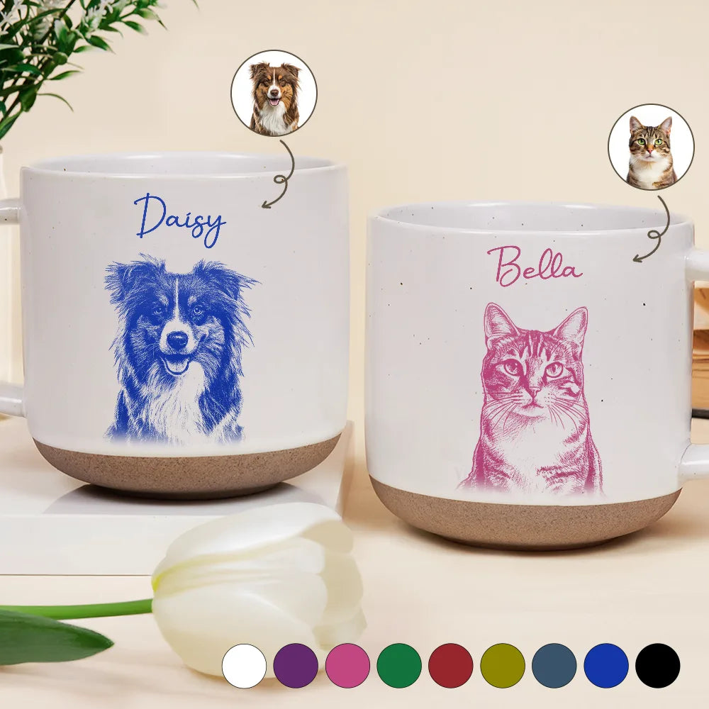 Custom Photo Pencil Sketch Dog Cat Portrait - Personalized Pottery Mug