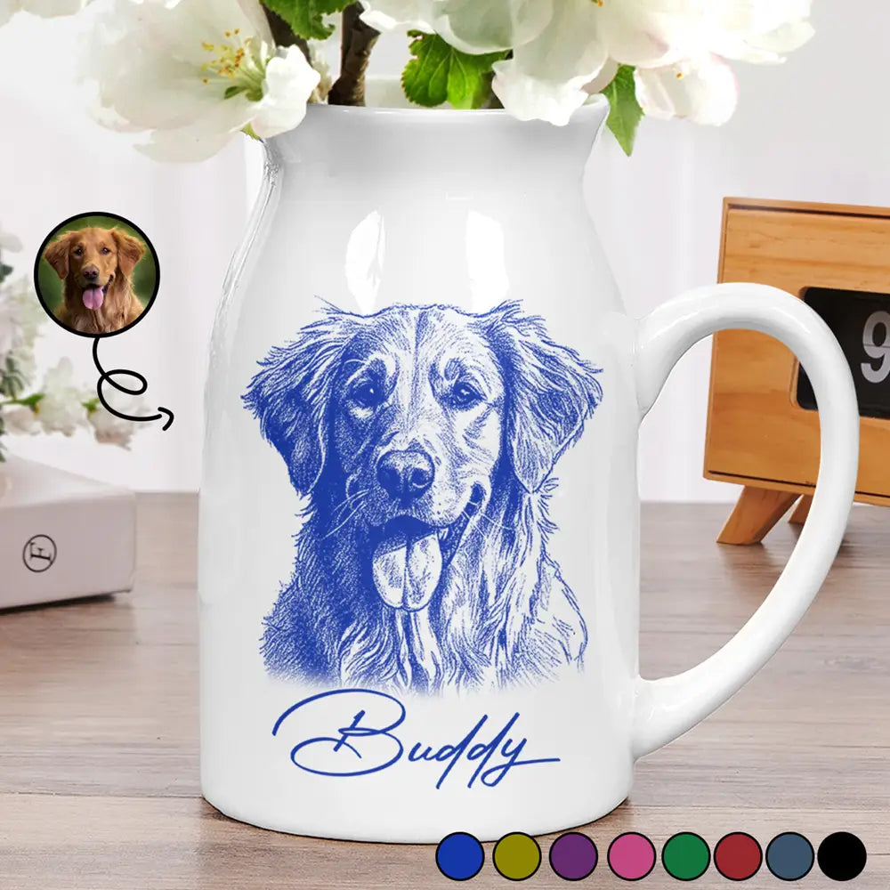 Family, Gift For Bestie, Dog Lovers, Cat Lovers, Happy, Custom Photo, Gift For Mother, Gift For Father - Custom Photo Pencil Sketch Family Besties Dog Cat Portrait - Personalized Ceramic Flower Vase