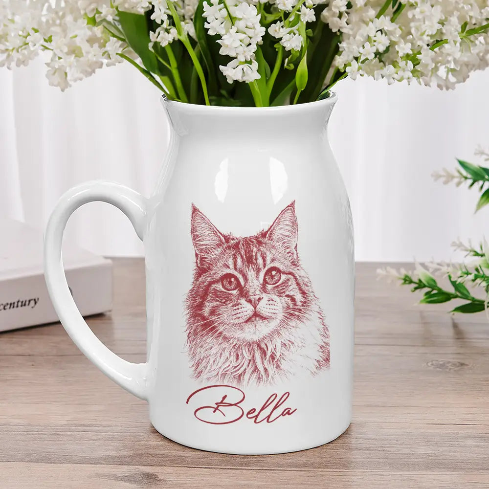 Family, Gift For Bestie, Dog Lovers, Cat Lovers, Happy, Custom Photo, Gift For Mother, Gift For Father - Custom Photo Pencil Sketch Family Besties Dog Cat Portrait - Personalized Ceramic Flower Vase