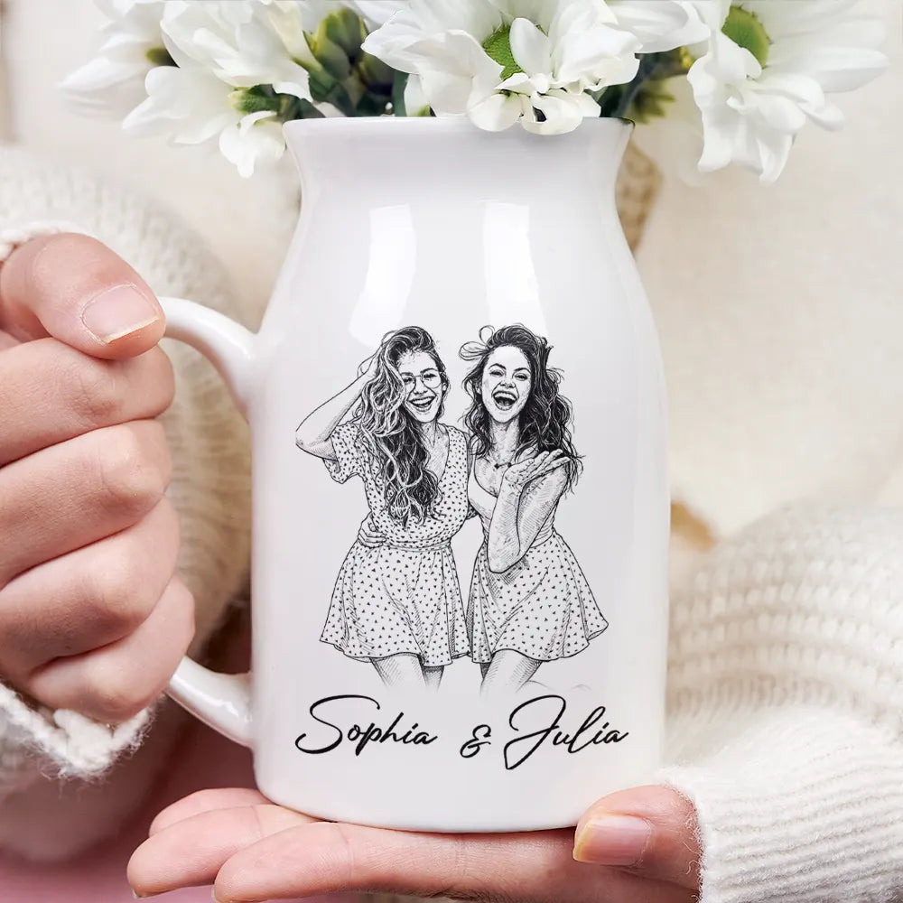 Family, Gift For Bestie, Dog Lovers, Cat Lovers, Happy, Custom Photo, Gift For Mother, Gift For Father - Custom Photo Pencil Sketch Family Besties Dog Cat Portrait - Personalized Ceramic Flower Vase