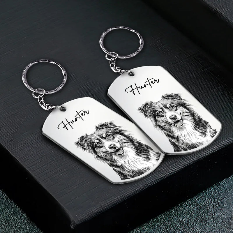 Family, Gift For Bestie, Dog Lovers, Cat Lovers, Happy, Custom Photo, Gift For Mother, Gift For Father - Custom Photo Pencil Sketch Family Besties Dog Cat Portrait - Personalized Aluminum Keychain