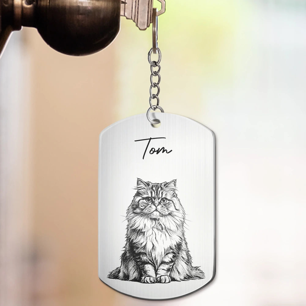 Family, Gift For Bestie, Dog Lovers, Cat Lovers, Happy, Custom Photo, Gift For Mother, Gift For Father - Custom Photo Pencil Sketch Family Besties Dog Cat Portrait - Personalized Aluminum Keychain