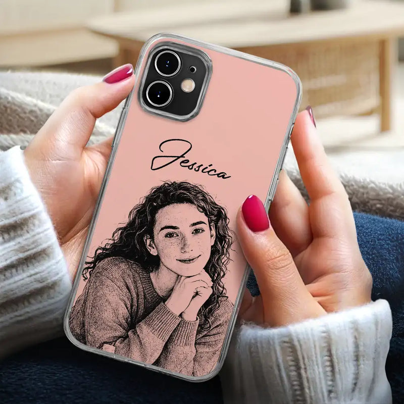 Family,Gift For Bestie,Dog Lovers,Cat Lovers,Happy,Custom Photo,Gift For Mother,Gift For Father - Custom Photo Pencil Sketch Family Besties Dog Cat Portrait - Personalized Clear Phone Case