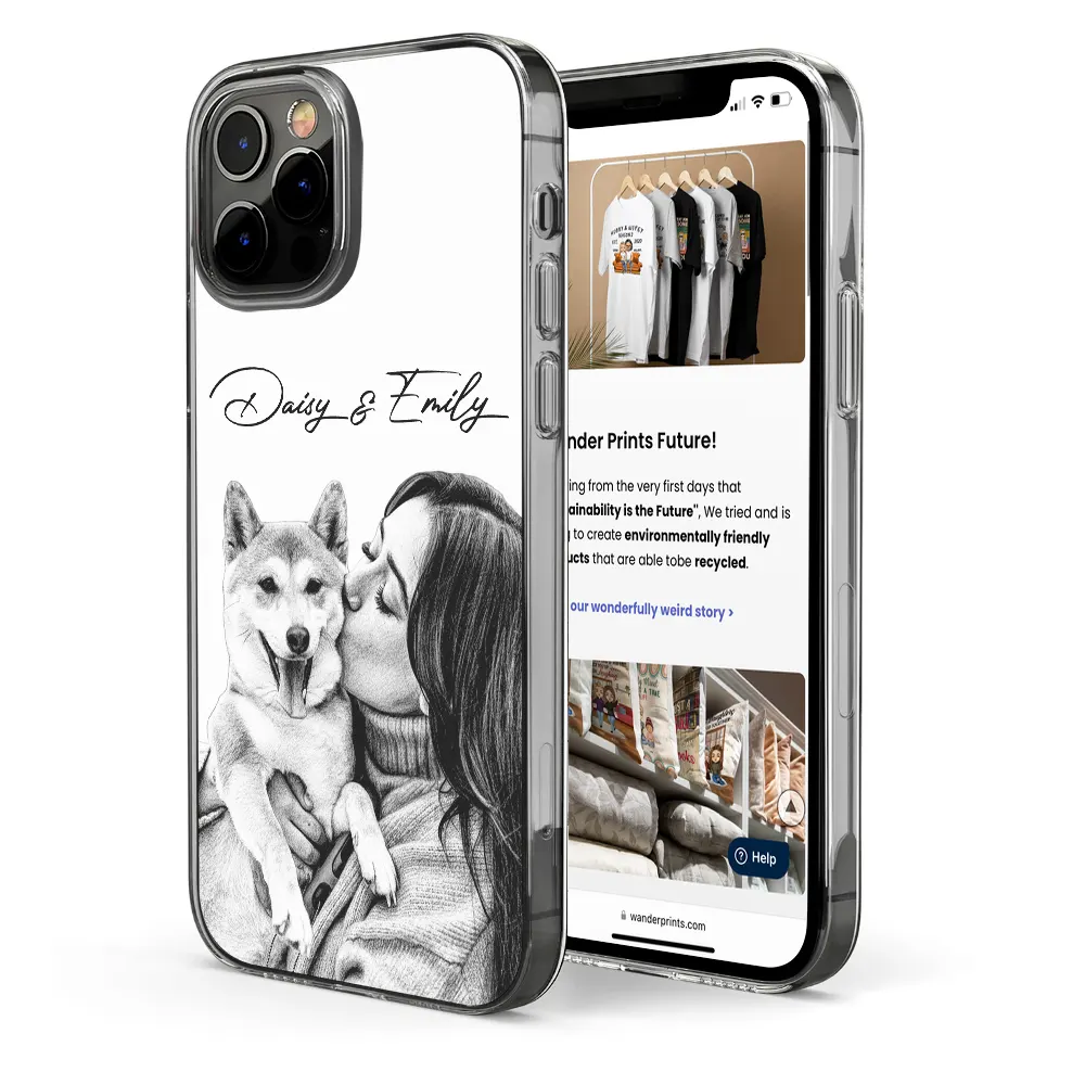 Family,Gift For Bestie,Dog Lovers,Cat Lovers,Happy,Custom Photo,Gift For Mother,Gift For Father - Custom Photo Pencil Sketch Family Besties Dog Cat Portrait - Personalized Clear Phone Case