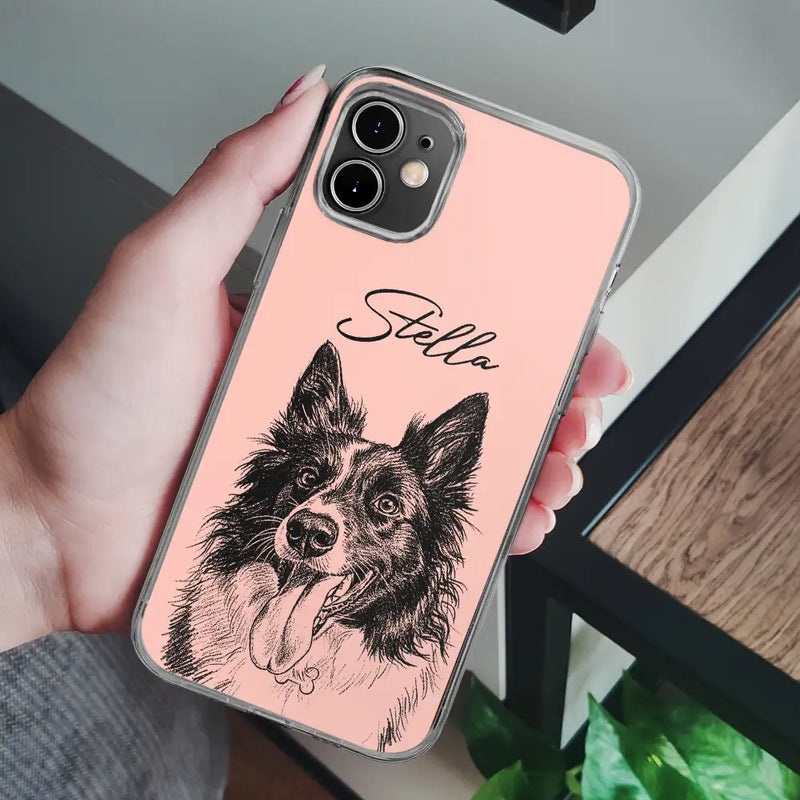 Family,Gift For Bestie,Dog Lovers,Cat Lovers,Happy,Custom Photo,Gift For Mother,Gift For Father - Custom Photo Pencil Sketch Family Besties Dog Cat Portrait - Personalized Clear Phone Case