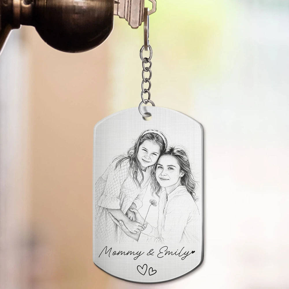 Gift For Mother,Gift For Father,Love,New Dad,New Mom - Custom Photo Pencil Sketch Family Dog Cat Portrait - Personalized Aluminum Keychain