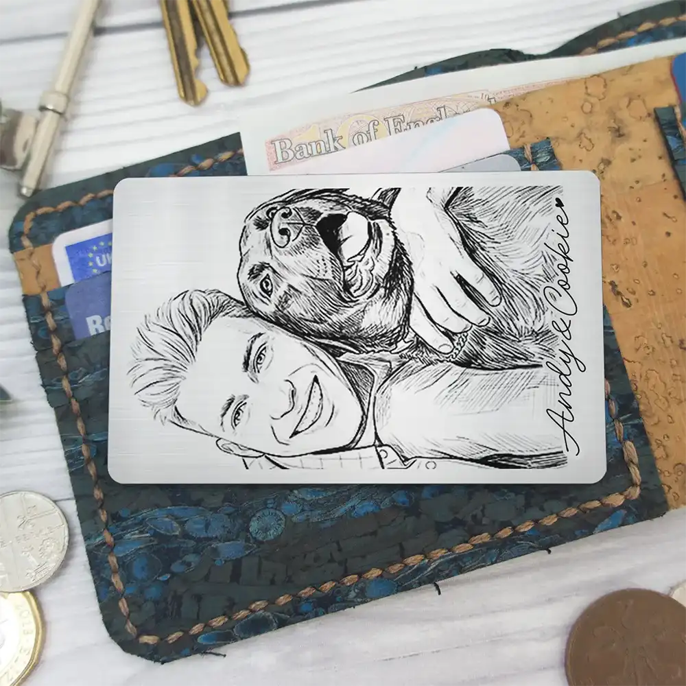 Gift For Father,Gift For Grandpa,Pet Lovers,Pet Mom,Pet Dad,Dog Lovers,Dog Mom,Dog Dad,Cat Lovers,Cat Mom,Cat Dad,Non-Eng,Photo - Pencil Sketch,Humorous - Custom Photo Pencil Sketch Family Dog Cat Portrait - Personalized Aluminum Wallet Card